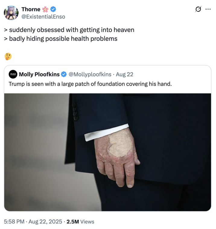 > suddenly obsessed with getting into heaven > badly hiding possible health problems A "quote-tweet":https://knowyourmeme.com/memes/quote-retweets-qrts joking about "Donald Trump":https://knowyourmeme.com/memes/people/donald-trump and the makeup/bruising on his hand, which caused speculation about his impending death.