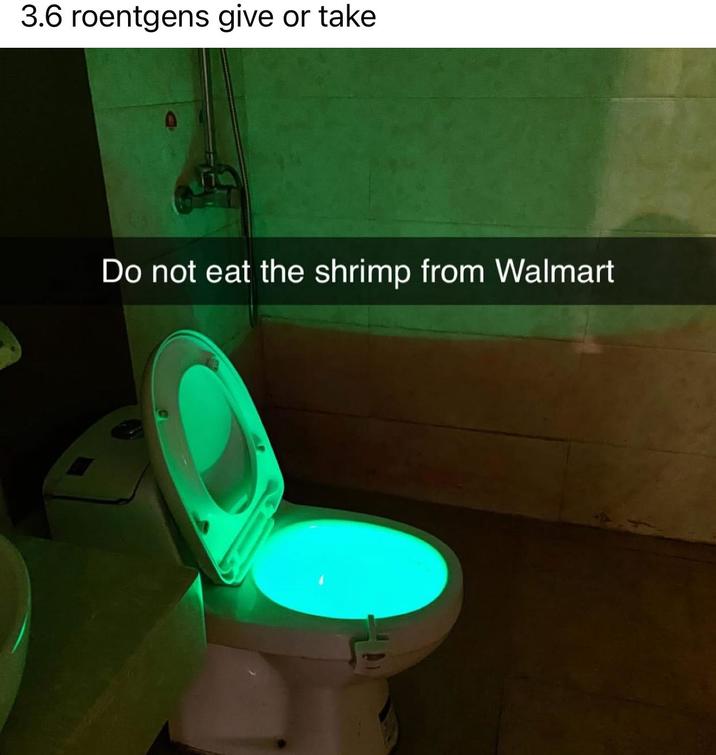 do not eat the shrimp from walmart A meme of a glowing toilet. The meme reads, "do not eat the shrimp from walmart," with a caption referencing the ""3.6 Roentgen":https://knowyourmeme.com/memes/36-roentgen-not-great-not-terrible" meme from _Chernobyl_.