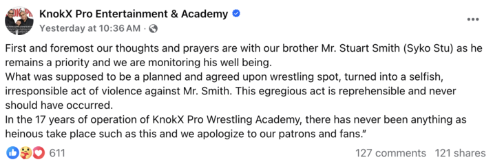 A "Facebook":https://knowyourmeme.com/memes/sites/facebook-meta post from KnokX Pro Entertainment & Academy, addressing the Raja Jackson Syko Stu Wrestling Incident on Kick.