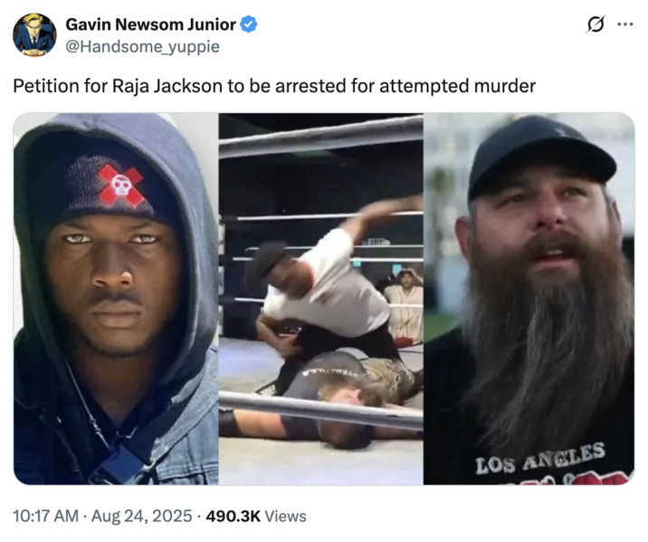 A "tweet":https://knowyourmeme.com/memes/sites/twitter-x urging for the arrest of Raja Jackson for alleged attempted murder on Syko Stu.