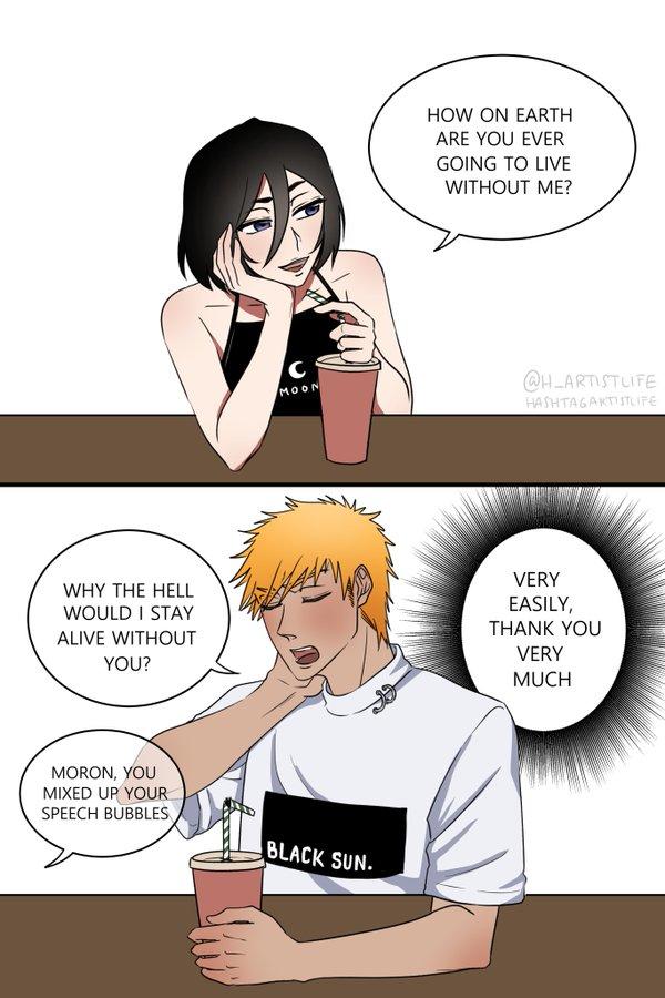 A piece of Bleach fan art. The meme is about speech bubbles getting mixed up.