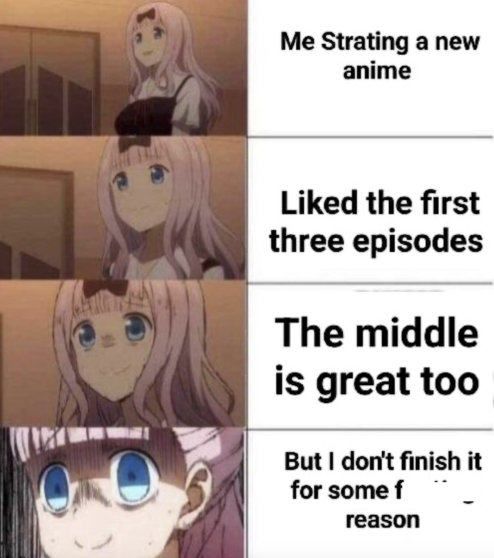 Me Strating a new anime Liked the first three episodes The middle is great too But I don't finish it for some f reason