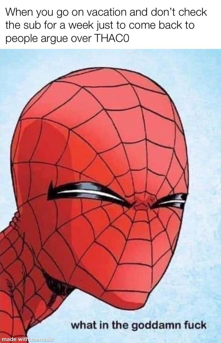 When you go on vacation and don't check the sub for a week just to come back to people argue over THACO made with mematic what in the goddamn f---