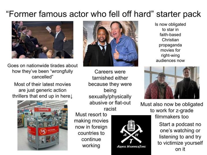 "Former famous actor who fell off hard" starter pack Goes on nationwide tirades about how they've been "wrongfully cancelled" Most of their latest movies are just generic action thrillers that end up in here↓ Unbeatable $5 DVD F Careers were tarnished either because they were being sexually/physically abusive or flat-out racist Must resort to making movies now in foreign countries to continue working Is now obligated to star in faith-based Christian propaganda movies for right-wing audiences now Must also now be obligated to work for z-grade filmmakers too Start a podcast no one's watching or A H listening to and try to victimize yourself ARMIE HAMMERTIME on it