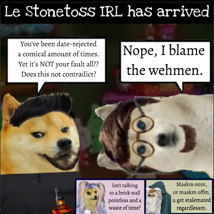 Le StonetosS IRL has arrived You've been date-rejected a comical amount of times. Yet it's NOT your fault all?? Does this not contradict? Nope, I blame the wehmen. Isn't talking to a brick wall pointless and a waste of time? Maskm onm, or maskm offm, u get stalemated regardlessm.