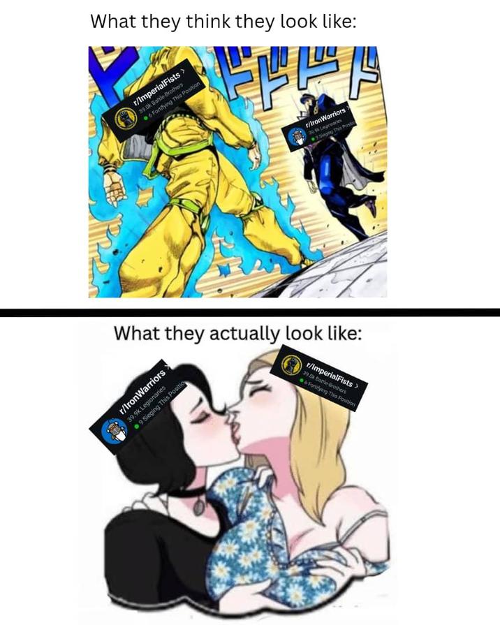 What they think they look like: r/ImperialFists > 39.0k Battle Brothers 6 Fortifying This Position r/IronWarriors 2 39. Legionaries 9 Singing This Postic What they actually look like: r/ImperialFists > 39.Ok 90k Battle-Brothers 6 Fortifying This Position r/IronWarriors 39.9k Legionaries 9 Sieging This Positio