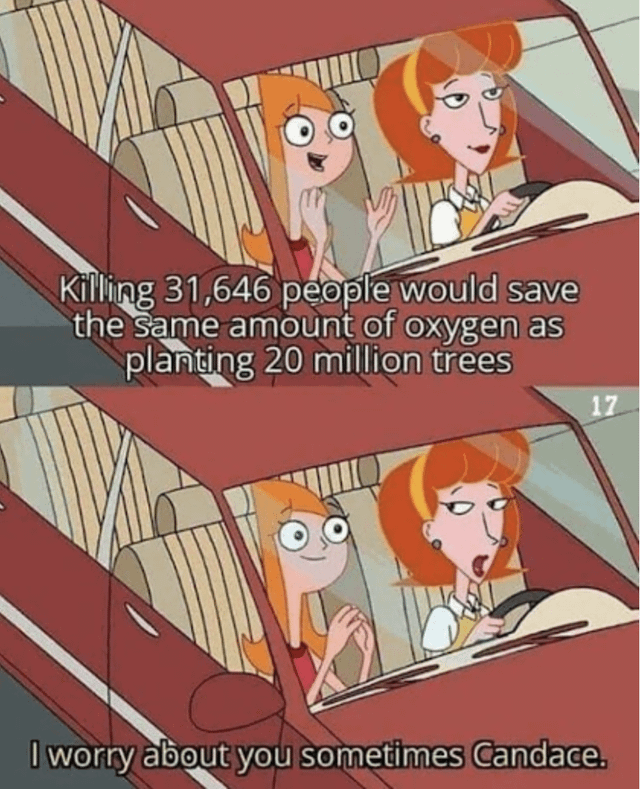 Killing 31,646 people would save the same amount of oxygen as planting 20 million trees 17 I worry about you sometimes Candace.