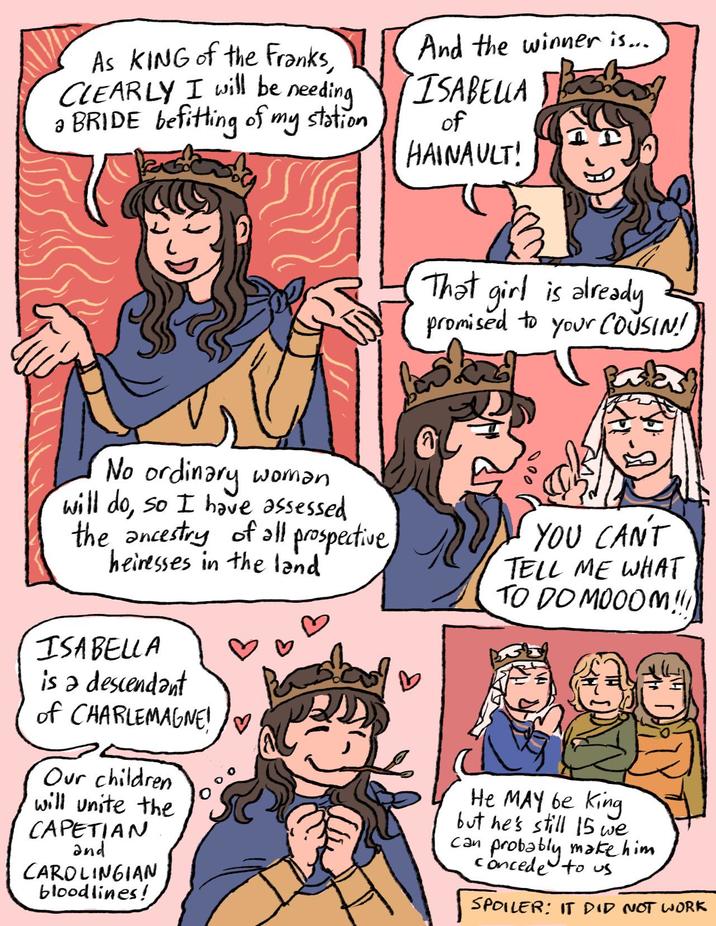 As KING of the Franks, CLEARLY I will be needing a BRIDE befitting of my station And the winner is... ISABELLA of HAINAULT! That girl is already promised to your CoUSIN! No ordinary woman will do, so I have assessed the ancestry of all prospective heiresses in the land' 000 YOU CAN'T TELL ME WHAT TO DO MOOOM!!! ISABELLA is a descendant of CHARLEMAGNE! ♡ Our children will unite the CAPETIAN and CAROLINGIAN bloodlines! He MAY be King but he's still 15 we can probably make him concede to us SPOILER: IT DID NOT WORK