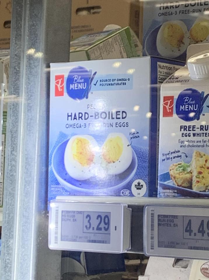 HARD-DUILE PRASHANS OMEGA-3 FREE-RUN FC Blue MENU BOURCE OF OMEGA-3 POLYUNSATURATES Nutrition Fa Par 2 medy Calo RUN EGG WHITES PEC HARD-BOILED OMEGA-3 FR RUN EGGS High in prote PCBM FROM 2PK EA 3.29 1 36 Blue MENU FREE-RU EGG WHITES Egg-hites are fat-f and cholesterol-fr 10 g of protein 100g serving FCBMFREE RUN EGG WHITES, EA 4.49 105 per 1000
