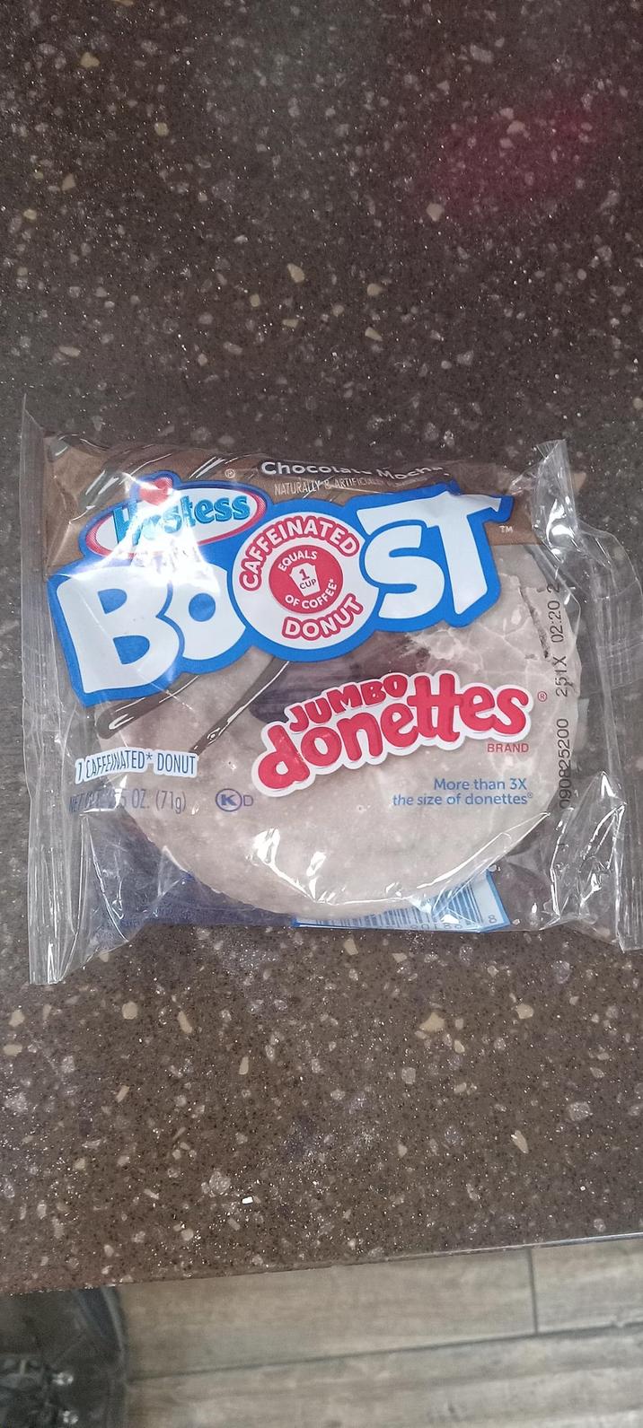 stess Chocola NATURALLY ARTIFICIAL EQUALS ED Moch BOOST DCAFFEINATED* DONUT NET OZ. (71g), OF CUP COFFEE DONUT donettes BRAND More than 3X the size of donettes® 90825200 251X 02:20
