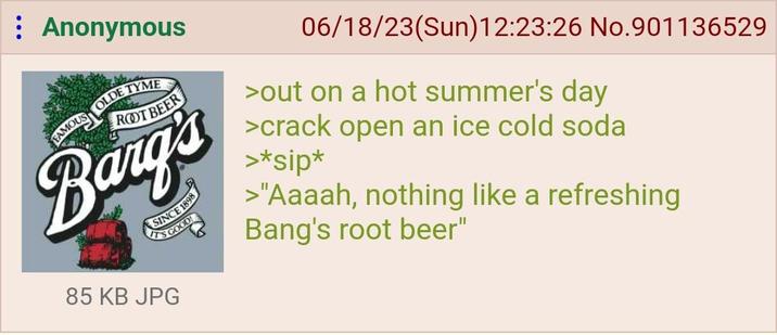 Anonymous ROOT BEER FAMOUS OLDE TYME SINCE 1898 T'S GOOD! 85 KB JPG 06/18/23(Sun)12:23:26 No.901136529 >out on a hot summer's day >crack open an ice cold soda >*sip* >"Aaaah, nothing like a refreshing Bang's root beer"