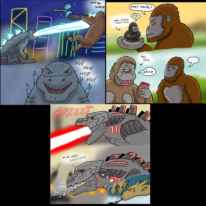 *Chimp noises HUE HVE HUE HVE peter Jackson 2005 Kong smol monke no BRZZZT 111 *sad robotic bidi bidi bidi 1962 Kong P *hick