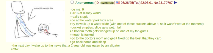 pretend this is a waterslide Anonymous (ID: 2Zk+GO 08/26/25(Tue)22:03:01 No.23179707 >be me, 9 >2016 at disney world >really stupid >be at the water park kids area >try to walk up a water slide (with one of those buckets above it, so it wasn't wet at the moment) >bucket empties, slide gets wet, I fall >a bottom tooth gets wedged up on one of my top gums >mouth is f----- >go to the doctors room and get it fixed (to the best that they can) >go back home and sleep >the next day I wake up to the news that a 2 year old was eaten by an aligator >mfw