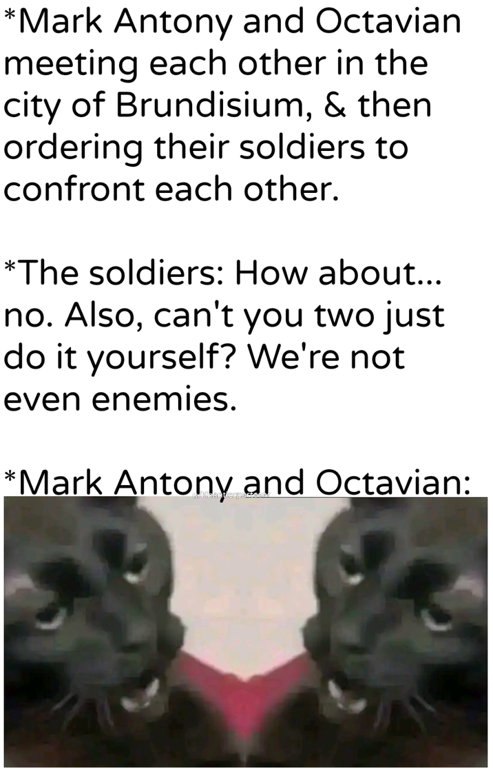 *Mark Antony and Octavian meeting each other in the city of Brundisium, & then ordering their soldiers to confront each other. *The soldiers: How about... no. Also, can't you two just do it yourself? We're not even enemies. *Mark Antony and Octavian: