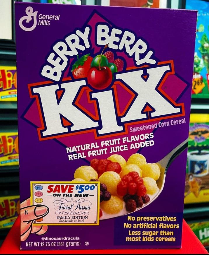 G General Mills BERRY BERRY KIX Sweetened Corn Cereal NATURAL FRUIT FLAVORS REAL FRUIT JUICE ADDED )) PP ENT HIS 不 SAVE $500 ON THE NEW- Trivial Pursuit FAMILY EDITION See details on back. @dinosaurdracula NET WT 12.75 OZ (361 grams) No preservatives No artificial flavors Less sugar than most kids cereals Hi 26