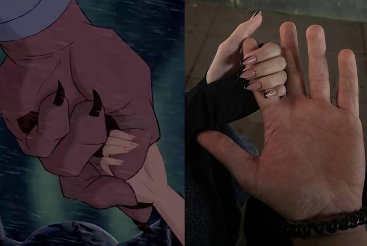 A meme by TikToker karolinaa_priiv comparing the Beast holding Belle's hand to her holding her boyfriend's hand. The video was posted in August 2025.