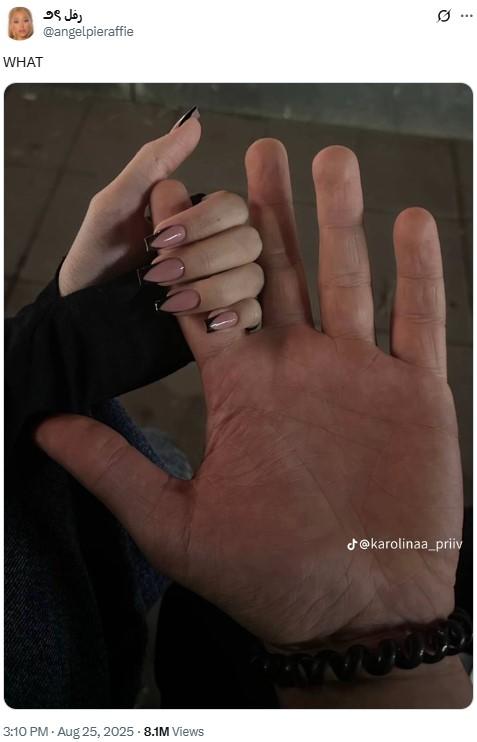 A photo of TikToker karolinaa_priiv holding her boyfriend's hand. A tweet sharing the image reads, "WHAT."