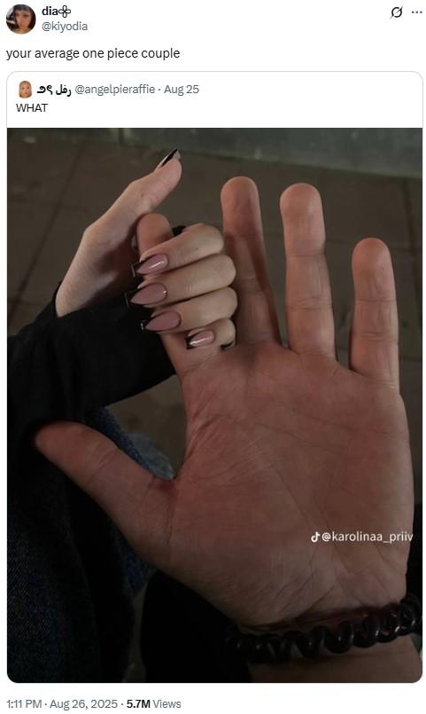 A photo of TikToker karolinaa_priiv holding her boyfriend's hand. The post reads, "your average one piece couple."