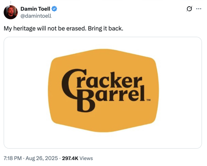 A reply to the Cracker Barrel account, retracting the new logo and 2025 rebrand, which received backlash for supposedly being "woke":https://knowyourmeme.com/memes/woke.