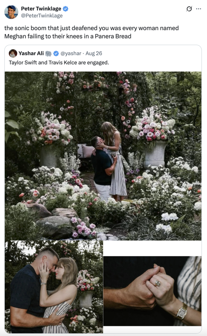 A "quote-tweet":https://knowyourmeme.com/memes/quote-retweets-qrts about American singer-songwriter "Taylor Swift":https://knowyourmeme.com/memes/people/taylor-swift and professional American football player "Travis Kelce":https://knowyourmeme.com/search?context=&sort=&q=Travis+Kelce, of the Kansas City Chiefs NFL team, getting engaged in late August 2025.