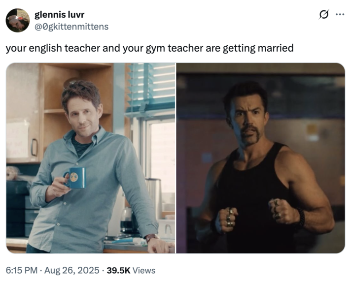 A "tweet":https://knowyourmeme.com/memes/sites/twitter-x and "meme":https://knowyourmeme.com/memes/memes using the "Your English Teacher and Your Gym Teacher Are Getting Married" caption from "Taylor Swift":https://knowyourmeme.com/memes/people/taylor-swift and "Travis Kelce's":https://knowyourmeme.com/search?context=&sort=&q=Travis+Kelce engagement announcement post on "Instagram":https://knowyourmeme.com/memes/sites/instagram in late August 2025.