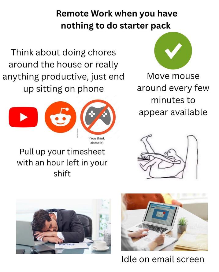 Remote Work when you have nothing to do starter pack Think about doing chores around the house or really anything productive, just end up sitting on phone (You think about it) Pull up your timesheet with an hour left in your shift ויו Move mouse around every few minutes to appear available Idle on email screen