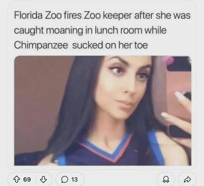 Florida Zoo fires Zoo keeper after she was caught moaning in lunch room while Chimpanzee sucked on her toe ↑ 69 ☐ 13