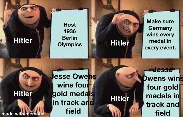 Host 1936 Berlin Hitler Olympics Hitler Make sure Germany wins every medal in every event. Jesse Owens wins four Jesse Owens wins four gold Hitler gold medals Hitler medals in in track and field track and made with mematic field