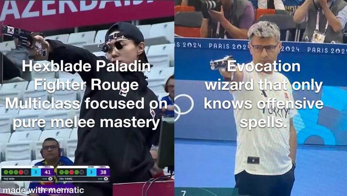 ALE O IS 2024 PARIS 202 2024 PARIS 202 Hexblade Paladin Fighter Rouge Multiclass focused on pure melee mastery *Evocation wizard that only knows offensive spells. SCORE 00000 3 Yell KIM TOTAL 41 ков SCORL 00000 3 Jin YANG TOTAL 38 KOR made with mematic