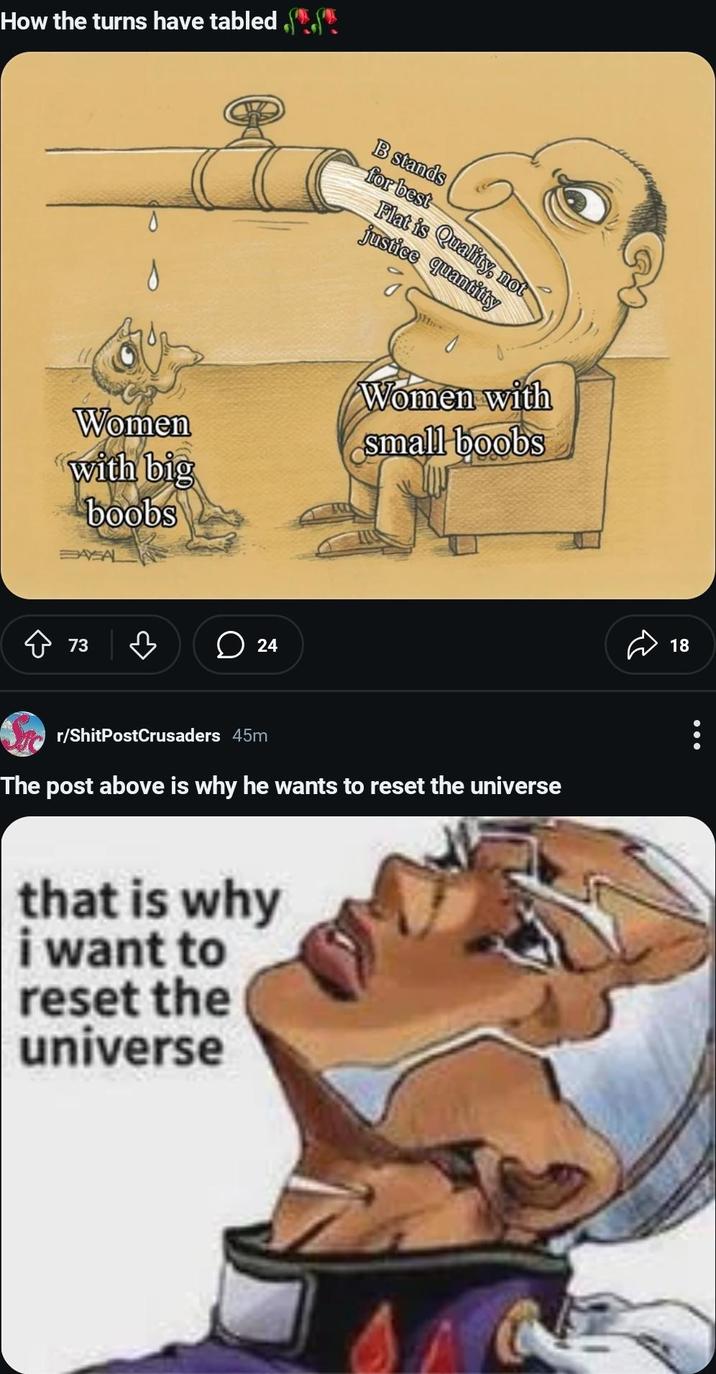 How the turns have tabled B stands for best Flat is Quality, not justice quantitty Women with small boobs Women with big boobs BAYSAL 73 ☐ 24 r/ShitPostCrusaders 45m The post above is why he wants to reset the universe that is why i want to reset the universe 18