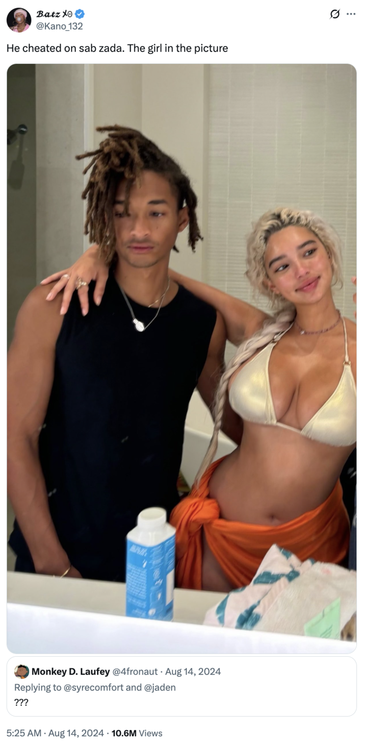 A "tweet":https://knowyourmeme.com/memes/sites/twitter-x about "Jaden Smith":https://knowyourmeme.com/memes/people/jaden-smith supposedly ""fumbling":https://knowyourmeme.com/memes/fumbling-a-bad-bitch" his ex-girlfriend Sab Zada, whom he allegedly cheated on in 2024 with an "influencer":https://knowyourmeme.com/memes/social-media-influencer named Khleopatre. 