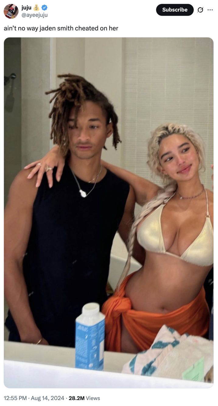 A "tweet":https://knowyourmeme.com/memes/sites/twitter-x about "Jaden Smith":https://knowyourmeme.com/memes/people/jaden-smith supposedly ""fumbling":https://knowyourmeme.com/memes/fumbling-a-bad-bitch" his ex-girlfriend Sab Zada, whom he allegedly cheated on in 2024 with an "influencer":https://knowyourmeme.com/memes/social-media-influencer named Khleopatre. 