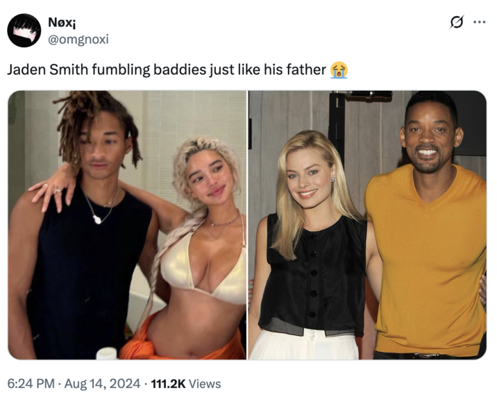 A "tweet":https://knowyourmeme.com/memes/sites/twitter-x about "Jaden Smith":https://knowyourmeme.com/memes/people/jaden-smith supposedly ""fumbling":https://knowyourmeme.com/memes/fumbling-a-bad-bitch" his ex-girlfriend Sab Zada, whom he allegedly cheated on in 2024 with an "influencer":https://knowyourmeme.com/memes/social-media-influencer named Khleopatre. 