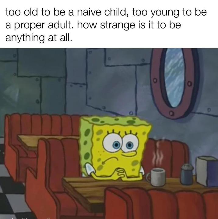 too old to be a naive child, too young to be a proper adult. how strange is it to be. anything at all.