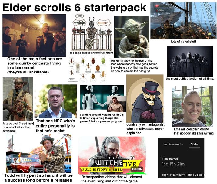 Elder scrolls 6 starterpack One of the main factions are some quirky outcasts living in a basement. (they're all unkillable) The same daedric artifacts will return you gotta travel to the part of the map where nobody else goes, to find the weird old guy that has the secrets on how to deafeat the bad guys legendary lots of naval stuff the most cultist faction of all time. A group of [insert race] have attacked another settlement That one NPC who's entire personality is that he's racist standing around waiting for NPC's to finish explaining things like you're 5 before you can progress comically evil antagonist who's motives are never explained Emil will complain online that nobody likes his writing WORMWOOD Achievements Stats 02250 Todd will hype it so hard it will be a success long before it releases THE WITCHEIVE 4:30:06 FULL HISTORY & RETRO Retrospective videos that will dissect the ever living s--- out of the game Time played 16d 15h 21m Highest Difficulty Rating Comple