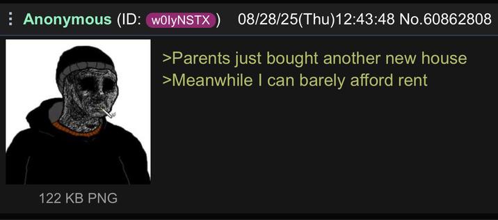 ⠀ Anonymous (ID: w0lyNSTX) 08/28/25(Thu)12:43:48 No.60862808 >Parents just bought another new house >Meanwhile I can barely afford rent 122 KB PNG