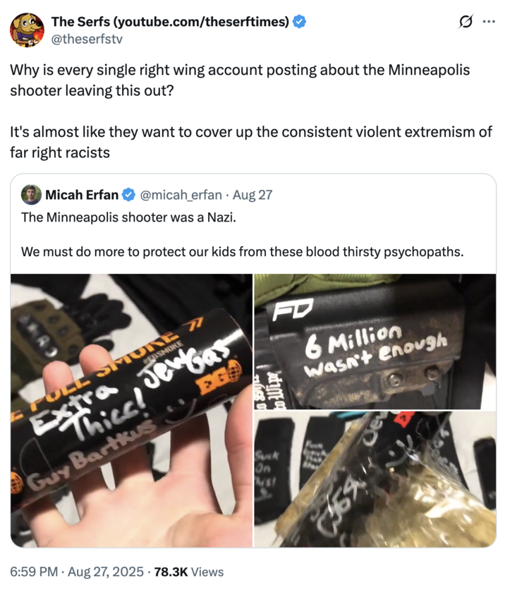Why is every single right wing account posting about the Minneapolis shooter leaving this out?  Why is every single right wing account posting about the Minneapolis shooter leaving this out? 
It's almost like they want to cover up the consistent violent extremism of far right racists