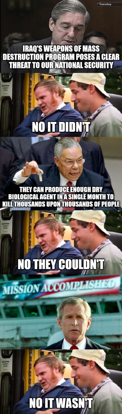 Tuesday IRAQ'S WEAPONS OF MASS DESTRUCTION PROGRAM POSES A CLEAR THREAT TO OUR NATIONAL SECURITY NO IT DIDN'T THEY CAN PRODUCE ENOUGH DRY BIOLOGICAL AGENT IN A SINGLE MONTH TO KILL THOUSANDS UPON THOUSANDS OF PEOPLE NO THEY COULDN'T MISSION ACCOMPLISHED NO IT WASN'T