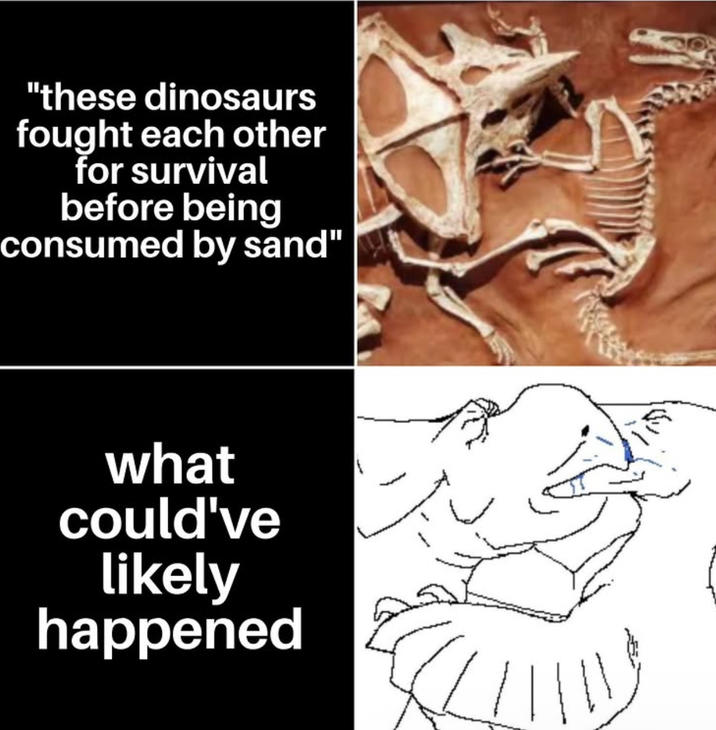 "these dinosaurs fought each other for survival before being consumed by sand" what could've likely happened
