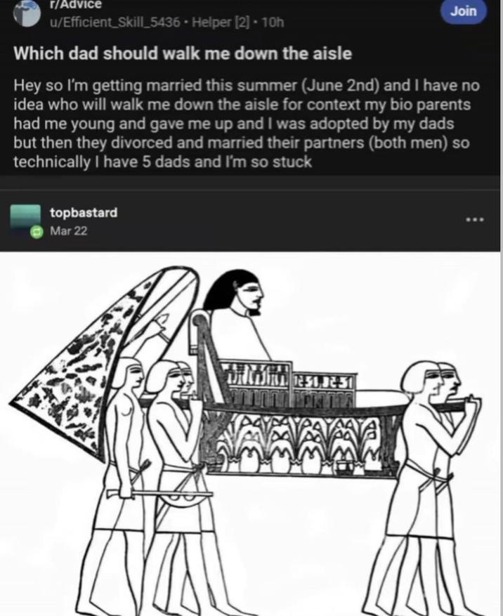 r/Advice u/Efficient Skill_5436 ⚫ Helper [2]⚫ 10h Which dad should walk me down the aisle Join Hey so I'm getting married this summer (June 2nd) and I have no idea who will walk me down the aisle for context my bio parents had me young and gave me up and I was adopted by my dads but then they divorced and married their partners (both men) so technically I have 5 dads and I'm so stuck topbastard Mar 22 ***