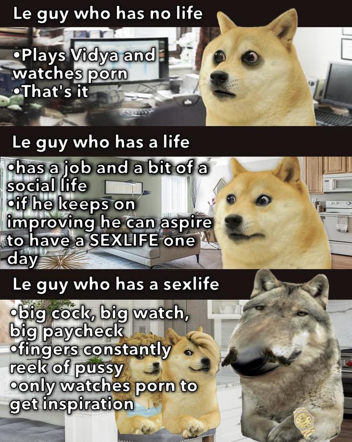 Le guy who has no life Plays Vidya and watches p--- •That's it Le guy who has a life chas a job and a bit of a social life if he keeps on improving he can aspire to have a SEXLIFE one day Le guy who has a sexlife big c---, big watch, big paycheck fingers constantly reek of p---- only watches p--- to get inspiration