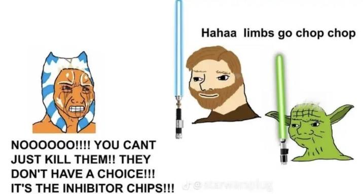 NOOOOOO!!!! YOU CANT JUST KILL THEM!! THEY DON'T HAVE A CHOICE!!! IT'S THE INHIBITOR CHIPS!!! Je Hahaa limbs go chop chop 3033