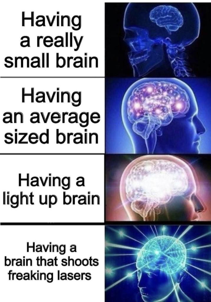 Having a really small brain Having an average sized brain Having a light up brain Having a brain that shoots freaking lasers