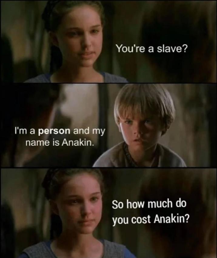 I'm a person and my name is Anakin. You're a slave? So how much do you cost Anakin?