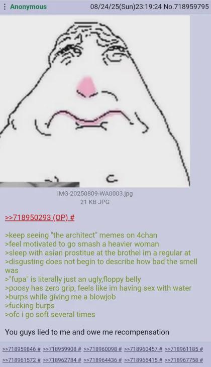 Anonymous 08/24/25(Sun)23:19:24 No.718959795 C IMG-20250809-WA0003.jpg >>718950293 (OP) # 21 KB JPG >keep seeing "the architect" memes on 4chan >feel motivated to go smash a heavier woman >sleep with asian prostitue at the brothel im a regular at >disgusting does not begin to describe how bad the smell was >"fupa" is literally just an ugly,floppy belly >poosy has zero grip, feels like im having sex with water >burps while giving me a b------ >f------ burps >ofc i go soft several times You guys lied to me and owe me recompensation >>718959846 # >>>718959908 # >>718960098 # >>718960457 # >>718961185 # >>718961572 # >>718962784 # >>718964436 # >>718966415 # >>718967758 #