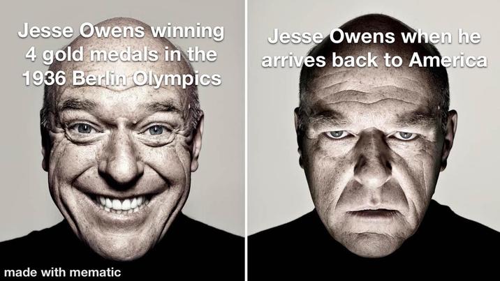 Jesse Owens winning 4 gold medals in the 1936 Berlin Olympics Jesse Owens when he arrives back to America made with mematic