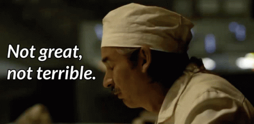 A GIF of "Anatoly Dyatlov":https://knowyourmeme.com/memes/anatoly-dyatlov from the "_Chernobyl_":https://knowyourmeme.com/memes/subcultures/chernobyl-tv-series TV series of the character saying, "Not great, not terrible," in reaction to the initial events of the "Chernobyl disaster":https://knowyourmeme.com/memes/events/chernobyl-disaster in 1986.