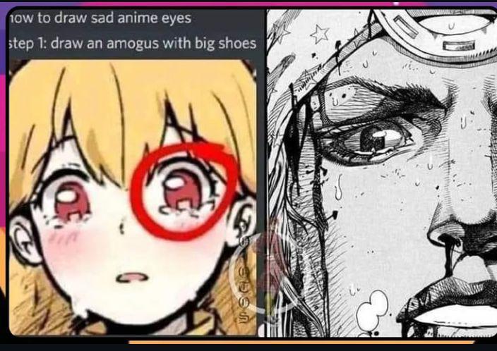 10w to draw sad anime eyes step 1: draw an amogus with big shoes S