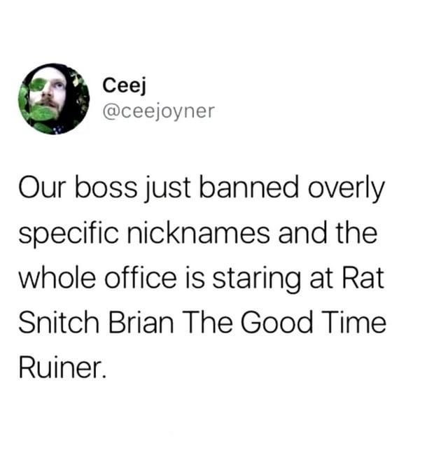 Ceej @ceejoyner Our boss just banned overly specific nicknames and the whole office is staring at Rat Snitch Brian The Good Time Ruiner.