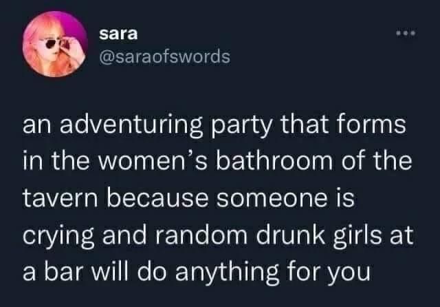 sara @saraofswords an adventuring party that forms in the women's bathroom of the tavern because someone is crying and random drunk girls at a bar will do anything for you